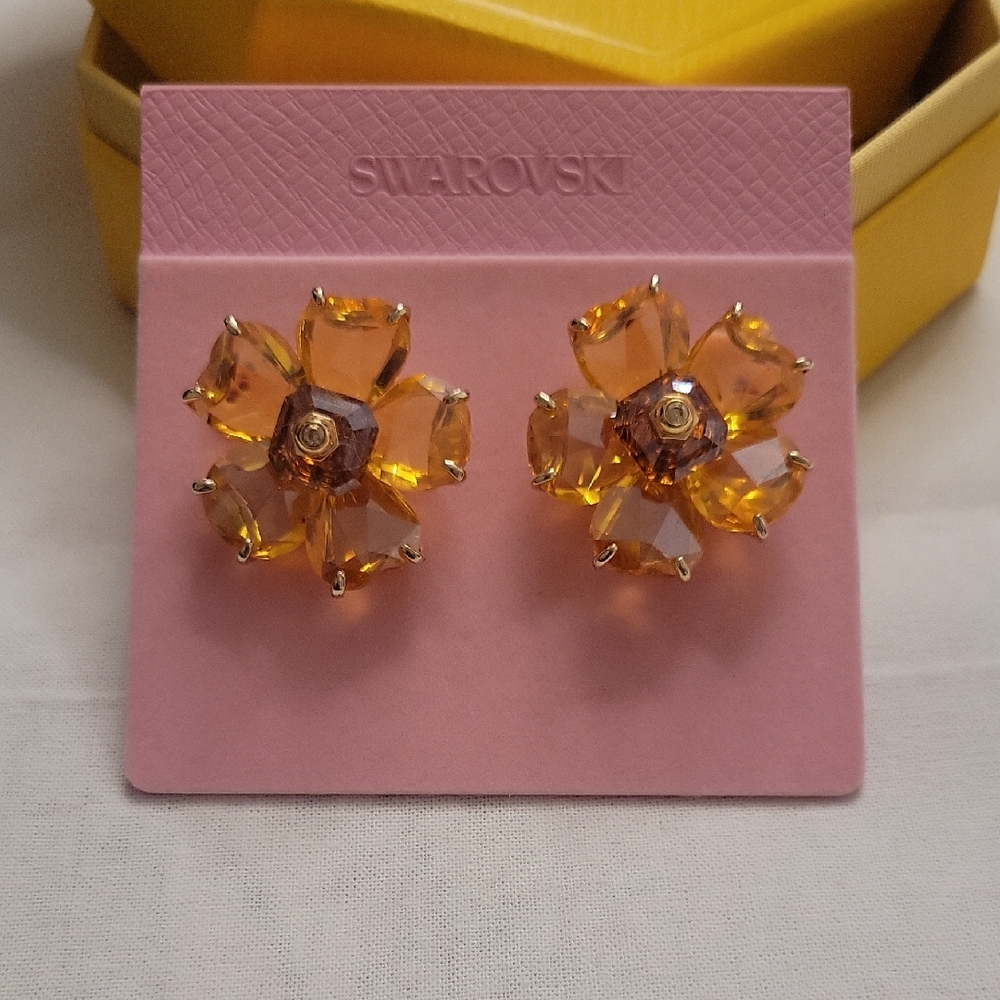 Swarovski Golden Amber Crystal Flower Stud Earrings Box Included